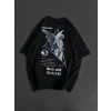 Unisex Bisiklet Yaka Baskılı Oversize T-shirt - Siyah