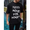 Unisex Bisiklet Yaka Baskılı Oversize T-shirt - Siyah