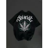 Unisex Bisiklet Yaka Baskılı Oversize T-shirt - Siyah