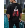 Unisex Bisiklet Yaka Baskılı Oversize T-shirt - Siyah