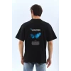 Unisex Bisiklet Yaka Baskılı Oversize T-shirt - Siyah