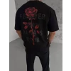 Unisex Bisiklet Yaka Baskılı Oversize T-shirt - Siyah