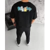 Unisex Bisiklet Yaka Baskılı Oversize T-shirt - Siyah