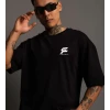 Unisex Bisiklet Yaka Baskılı Oversize T-shirt - Siyah