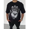 Unisex Bisiklet Yaka Baskılı Oversize T-shirt - Siyah