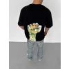 Unisex Bisiklet Yaka Baskılı Oversize T-Shirt - Siyah