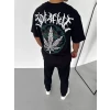 Unisex Bisiklet Yaka Baskılı Oversize T-shirt - Siyah