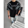Unisex Bisiklet Yaka Baskılı Oversize T-shirt-siyah