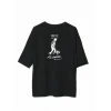 Unisex Bisiklet Yaka Baskılı Oversize T-shirt - Siyah