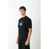 Unisex Bisiklet Yaka Baskılı Oversize T-shirt - Siyah