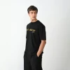 Unisex Bisiklet Yaka Baskılı Oversize T-shirt - Siyah