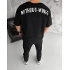 Unisex Bisiklet Yaka Baskılı Oversize T-shirt - Siyah