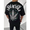 Unisex Bisiklet Yaka Baskılı Oversize T-shirt - Siyah