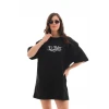 Unisex Bisiklet Yaka Baskılı Oversize T-shirt - Siyah