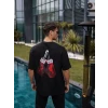 Unisex Bisiklet Yaka Baskılı Oversize T-shirt - Siyah