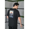 Unisex Bisiklet Yaka Baskılı Oversize T-shirt - Siyah