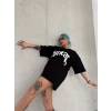 Unisex Bisiklet Yaka Baskılı Oversize T-shirt - Siyah
