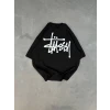 Unisex Bisiklet Yaka Baskılı Oversize T-shirt - Siyah