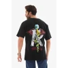 Unisex Bisiklet Yaka Baskılı Oversize T-shirt - Siyah