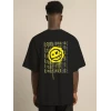 Unisex Bisiklet Yaka Baskılı Oversize T-shirt - Siyah