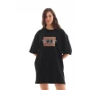 Unisex Bisiklet Yaka Baskılı Oversize T-shirt - Siyah