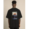 Unisex Bisiklet Yaka Baskılı Oversize T-shirt - Siyah