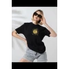 Unisex Bisiklet Yaka Baskılı T-shirt - Siyah