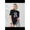 Unisex Bisiklet Yaka Baskılı T-shirt - Siyah