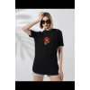 Unisex Bisiklet Yaka Baskılı T-shirt - Siyah