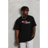 Unisex Bisiklet Yaka Double Oversize Baskılı T-shirt - Siyah