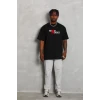 Unisex Bisiklet Yaka Double Oversize Baskılı T-shirt - Siyah