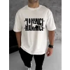 Unisex Bisiklet Yaka Katlanan Baskılı T-shirt - Beyaz