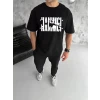 Unisex Bisiklet Yaka Katlanan Baskılı T-shirt - Siyah