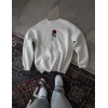 Unisex Bisiklet Yaka Ön Ve Arka Baskılı Sweatshirt - Beyaz