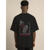 Unisex Bisiklet Yaka Oversize Baskılı T-shirt - Siyah