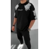 Unisex Flok Kabartma Baskılı T-shirt - Siyah