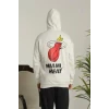 Unisex Kapşonlu Baskılı Sweetshirt - Beyaz