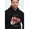 Unisex Kapüşonlu Üç İplik Oversize Baskılı Sweatshirt - Siyah