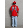 Unisex Oversize Baskılı Bisiklet Yaka T-shirt - Kırmızı