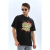 Unisex Oversize Baskılı Bisiklet Yaka T-shirt - Siyah