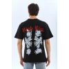 Unisex Oversize Baskılı Bisiklet Yaka T-shirt - Siyah