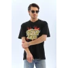 Unisex Oversize Baskılı Bisiklet Yaka T-shirt - Siyah