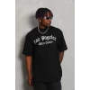 Unisex Oversize Baskılı Bisiklet Yaka T-shirt - Siyah