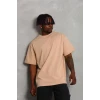 Unisex Oversize Düz Bisiklet Yaka T-shirt - Bej