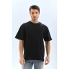 Unisex Oversize Düz Bisiklet Yaka T-shirt - Siyah