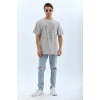 Unisex Oversize Taşlı Bisiklet Yaka T-shirt - Gri