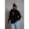Unisex Sırt Baskılı Kapüşonlu Üç İplik Oversize Sweatshirt - Siyah