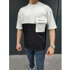 Unisex Torba Cep Detaylı  Parçalı T-shirt - Siyah