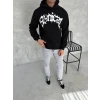 Unisex Üç İplik Kapşonlu Baskılı Sweatshirt - Siyah