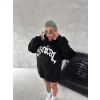 Unisex Üç İplik Kapşonlu Baskılı Sweatshirt - Siyah